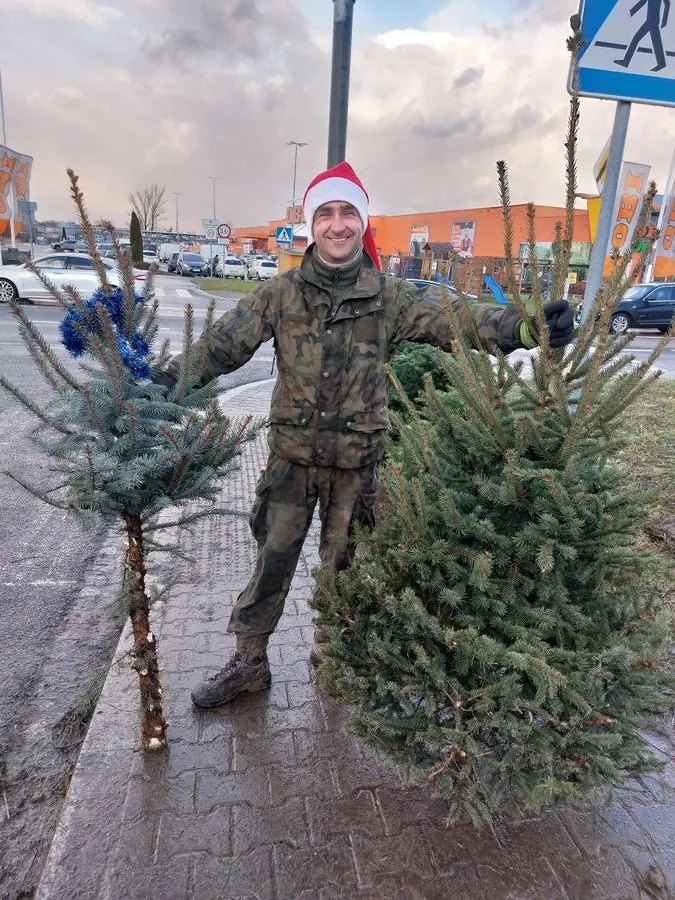 Sprzedawca w czapce Mikołaja na naszym stoisku z choinkami