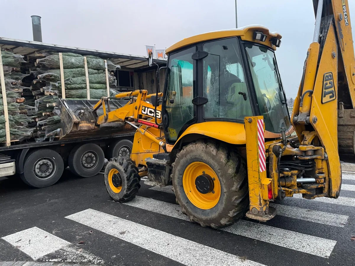 Rozładunek palet jodeł kaukaskich z TIR-a – choinka do biura Kraków
